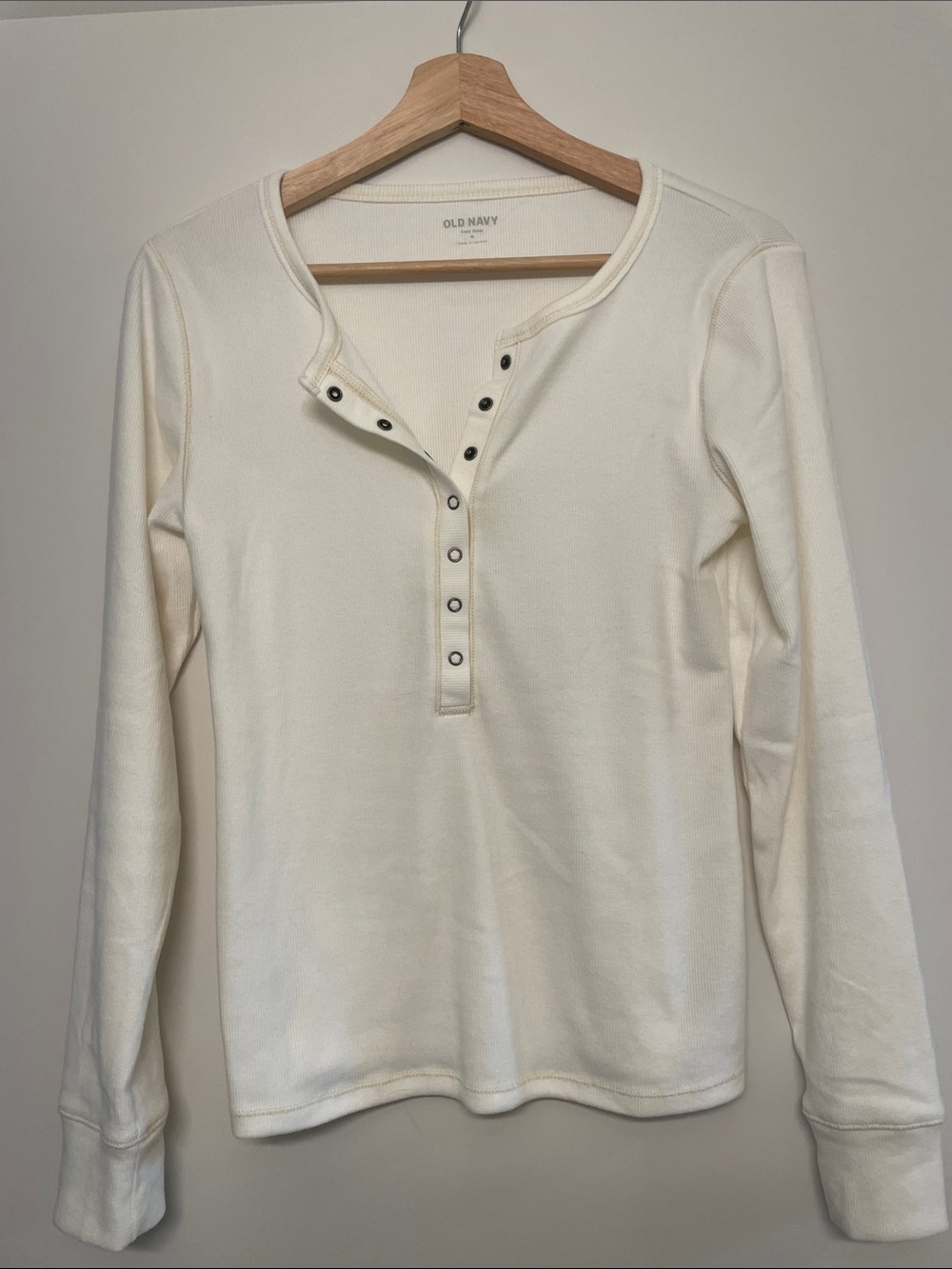 Ivory Snap-Front Henley Long Sleeve Top
